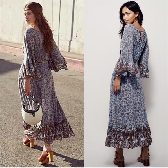 Free People Dresses & Skirts - Free People All Mixed Up Lace Up Flare Sleeve Ruffle Hem Maxi Boho Dress 6